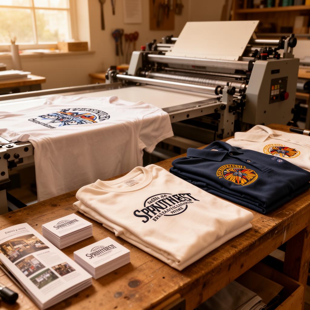 Custom purple and gold apparel, embroidered polo, business cards and vinyl banner from Impressions by Adpro